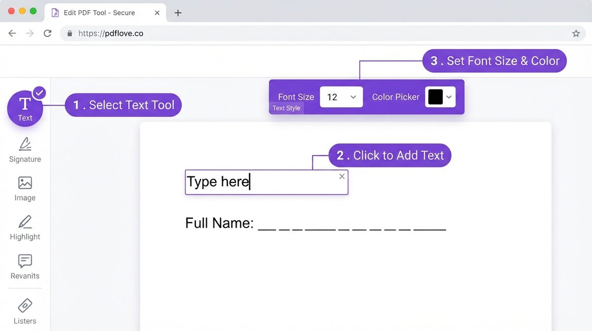 Step-by-step example showing how to add text to PDF pages using the Text tool, font size and colour controls