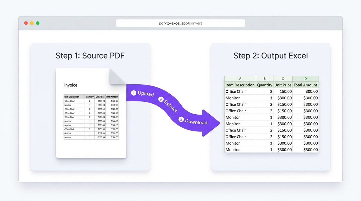 Step-by-step example of a free PDF to Excel conversion showing a PDF table becoming spreadsheet rows and columns