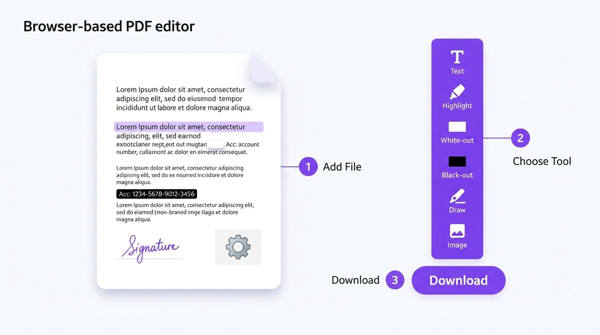 Steps showing how to edit a PDF for free in a browser toolbar