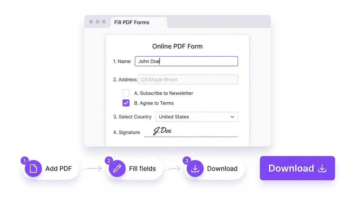 Step-by-step example showing how to fill out a PDF form online with text fields and checkboxes in the browser