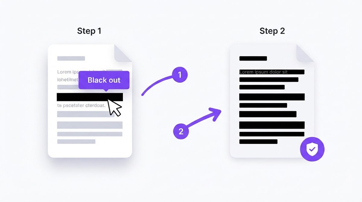 Step-by-step example of how to redact a PDF by drawing black-out boxes over sensitive text