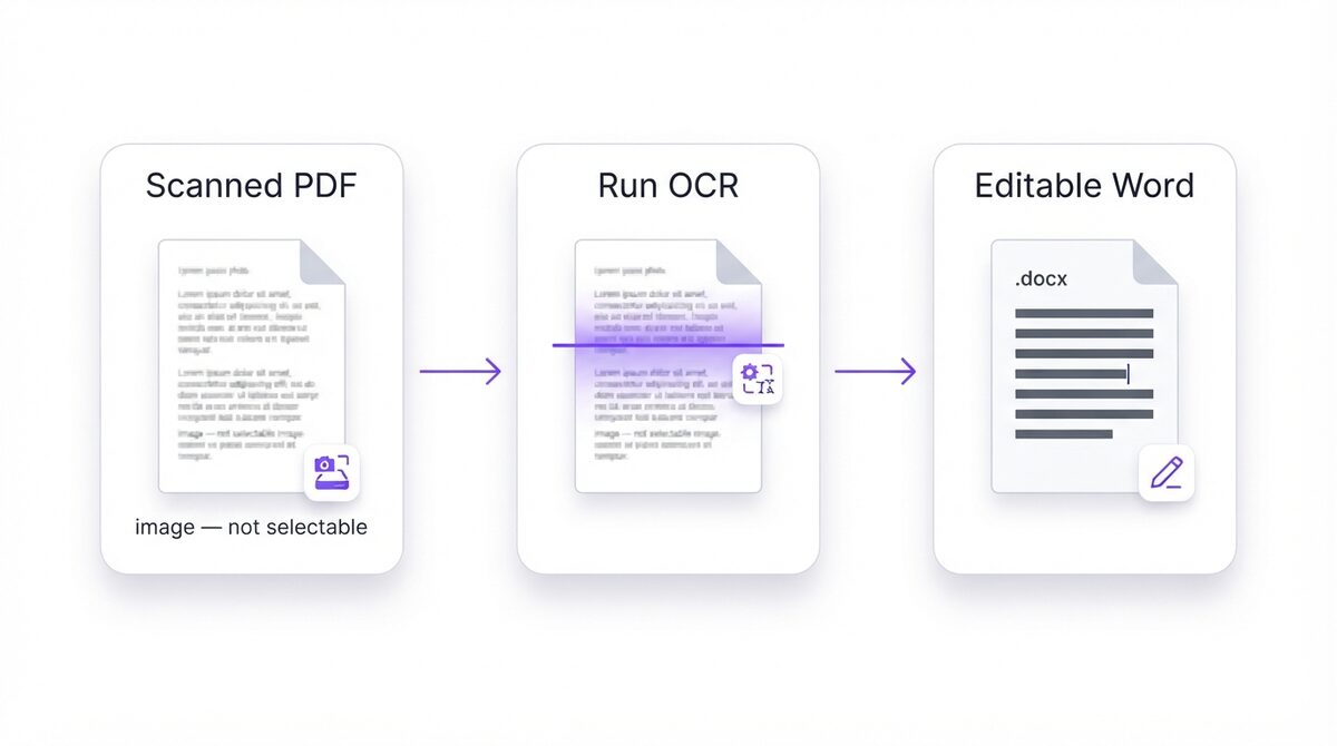 Step diagram showing scanned pdf to word conversion: image PDF, OCR text recognition, editable Word document