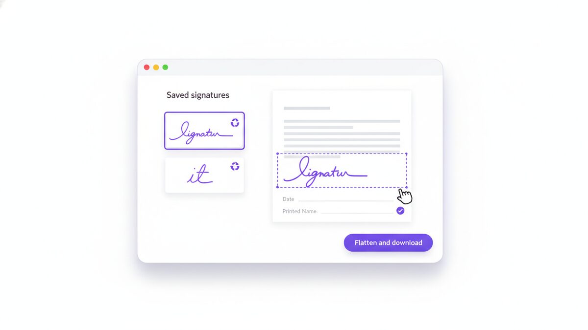 Dragging a saved signature onto a document to add signature to PDF files in a browser