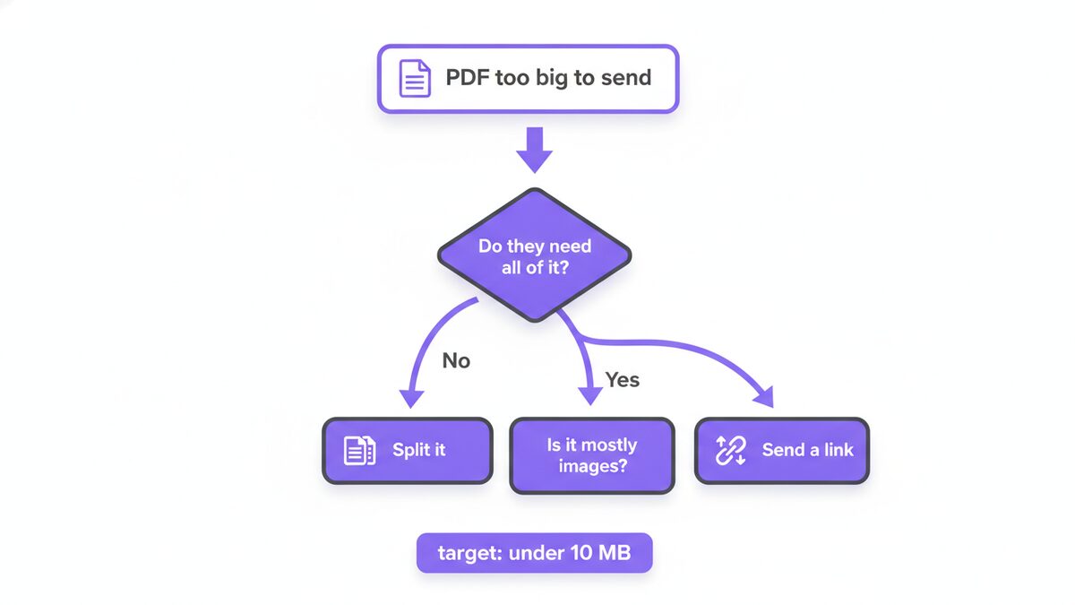 Decision chart showing how to email a large PDF by compressing, splitting or sending a link