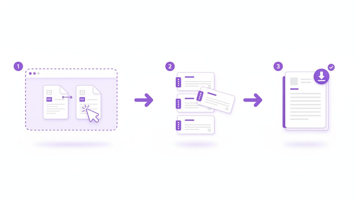 Step-by-step example showing how to merge PDF files by dragging documents into order and combining them into one