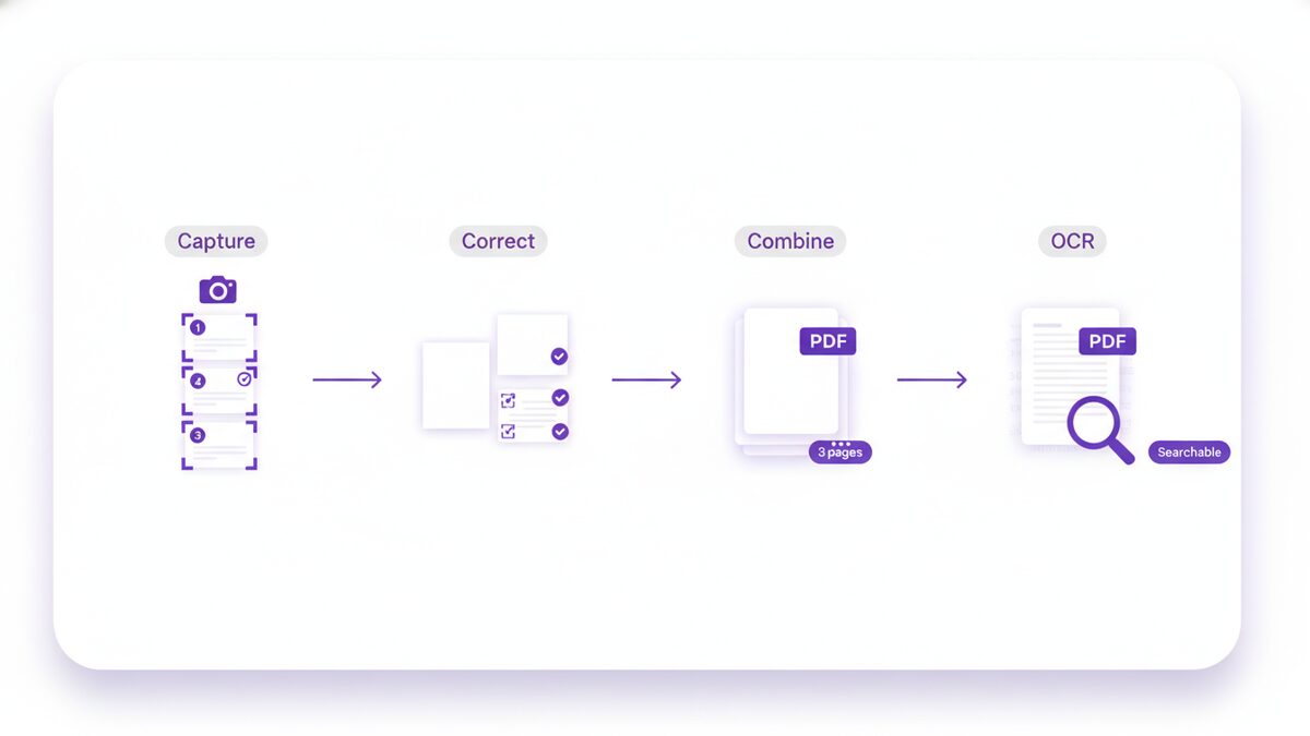 Pages captured in order and combined when you scan to PDF as one searchable file