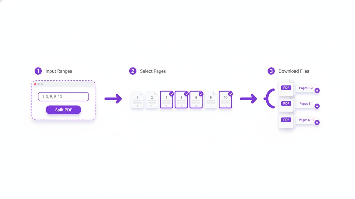 Example of how to split PDF pages using page ranges like 1-3, 5, 8-10 in a free browser tool